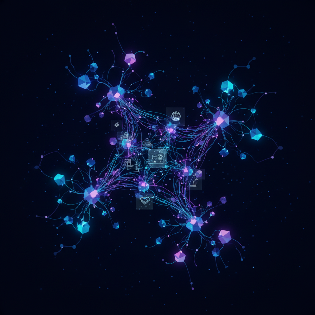Interconnected glowing nodes forming a web of professional connections across a dark tech-inspired background