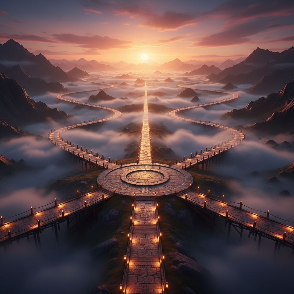 IT professional standing at a crossroads with multiple illuminated paths leading upward