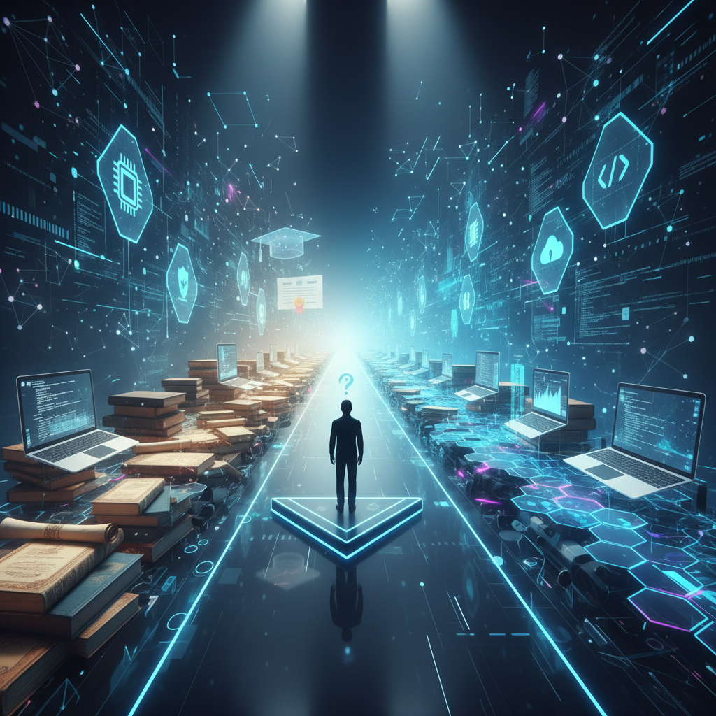 Split pathway showing traditional college route versus self-taught tech career journey, symbolic crossroads