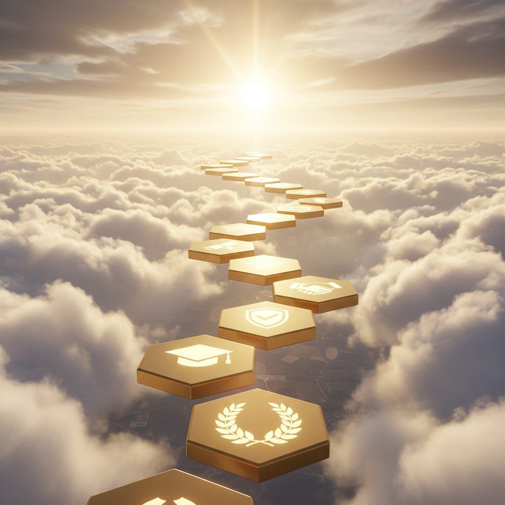 Ascending certification badges forming a staircase path leading to a bright horizon, representing strategic career progression