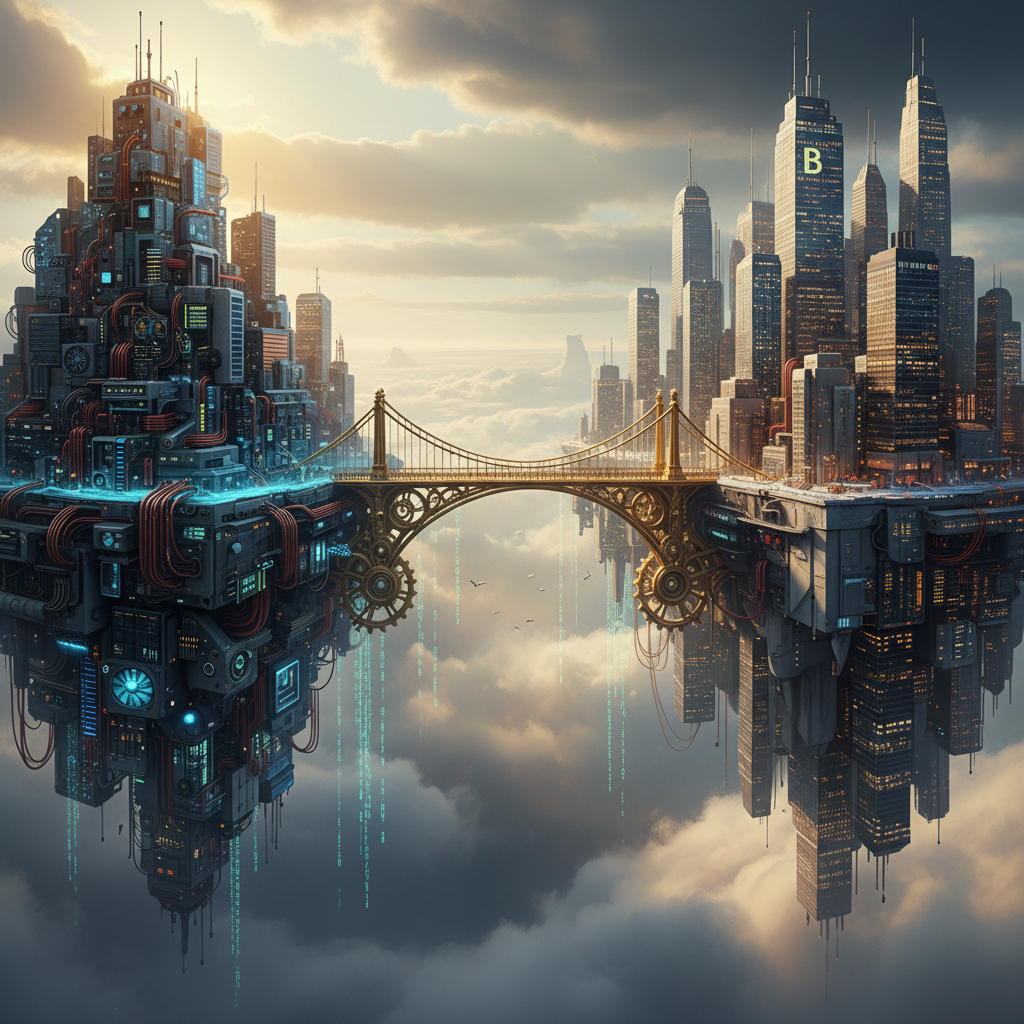 Bridge connecting two islands representing the gap between technical and business communication