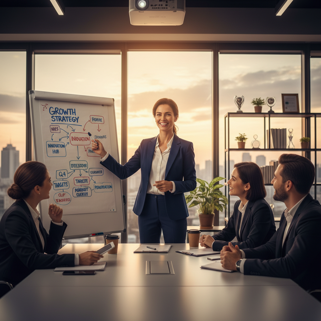 Professional standing confidently while presenting data to engaged colleagues in modern office setting