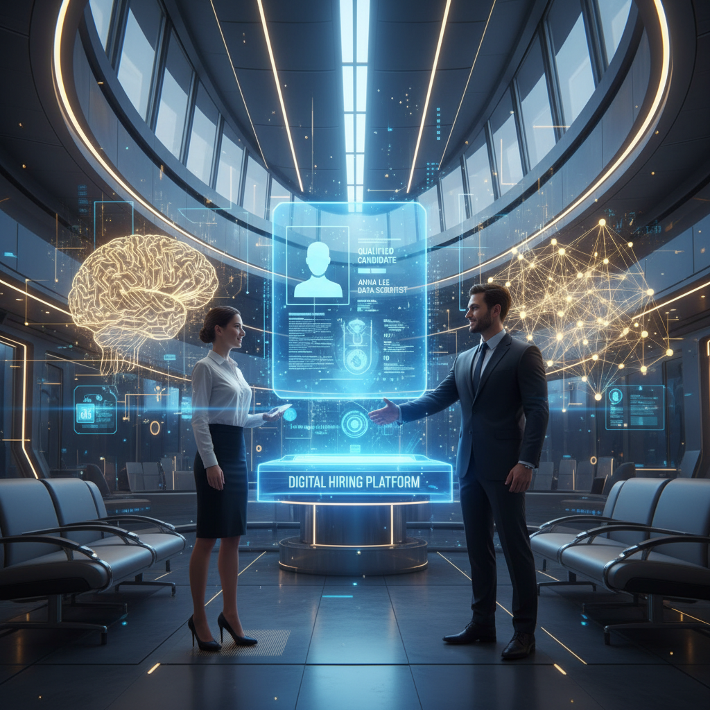 Futuristic hiring process visualization showing AI and human collaboration in candidate evaluation