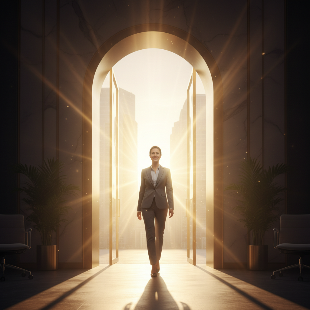 Confident professional walking through an open door with light streaming through, symbolizing interview success