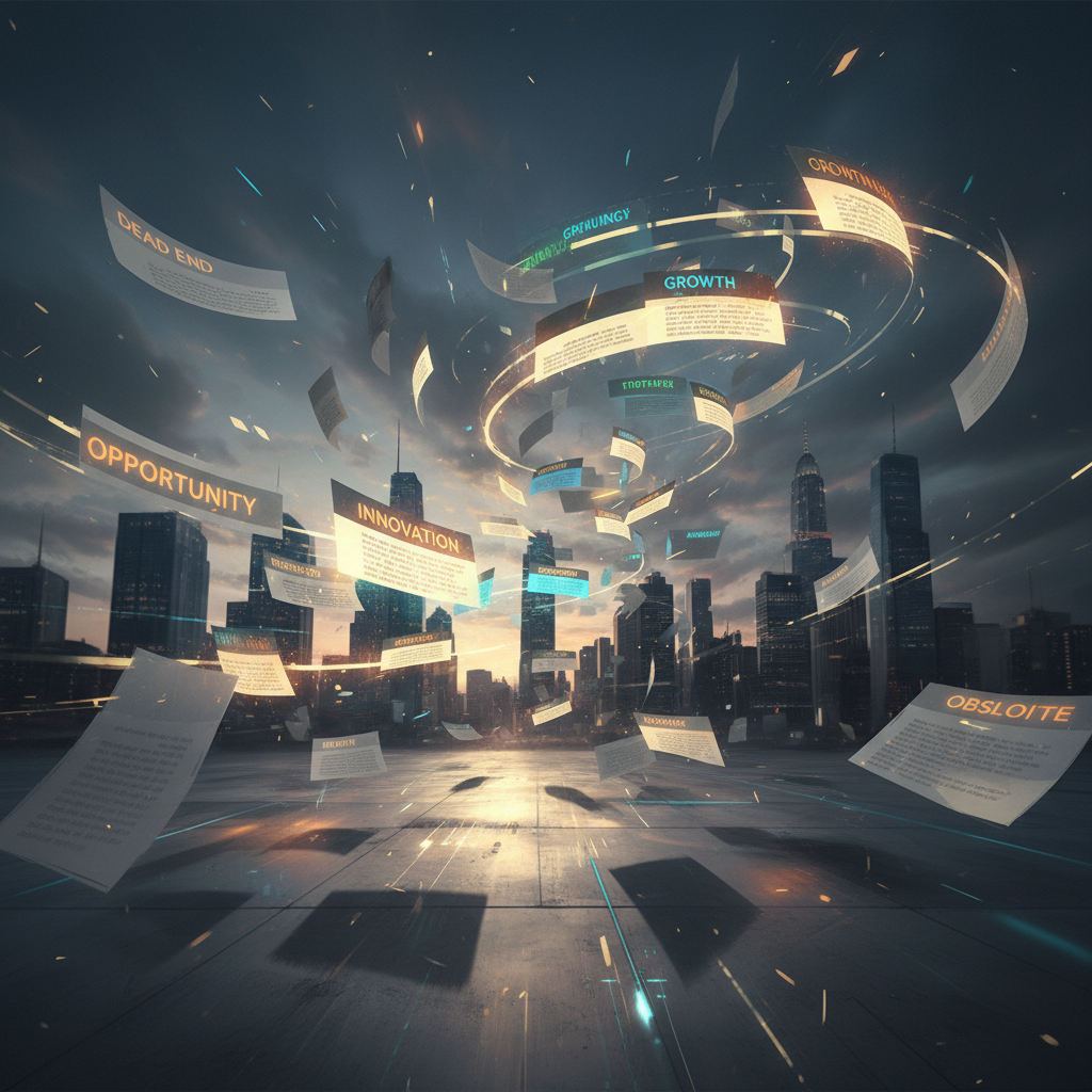 Scattered job posting papers flying in dramatic lighting with some glowing and others fading to grey