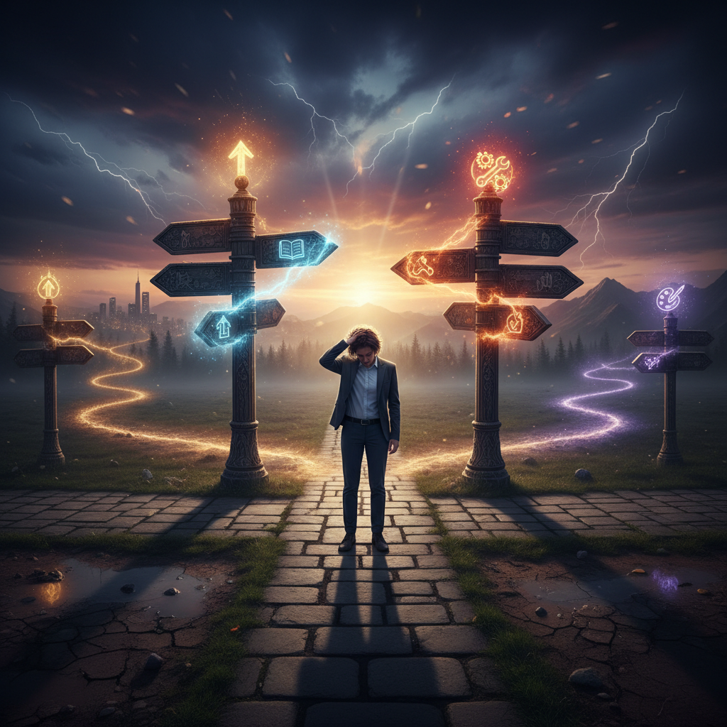 Frustrated job seeker at crossroads with multiple paths representing different career choices