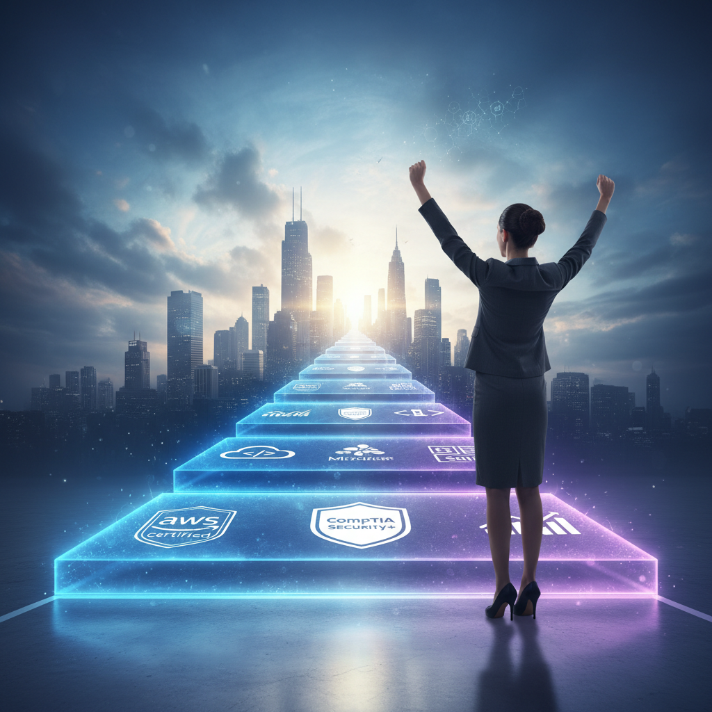 Professional climbing a ladder made of certification badges and skills icons reaching toward a tech career