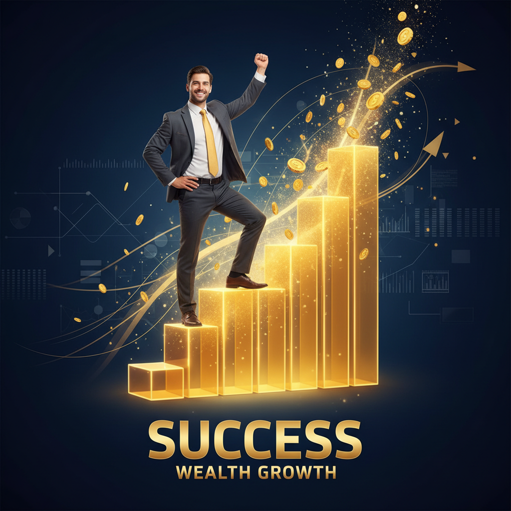 Executive climbing ascending bar chart made of glowing data blocks, representing IT manager salary progression