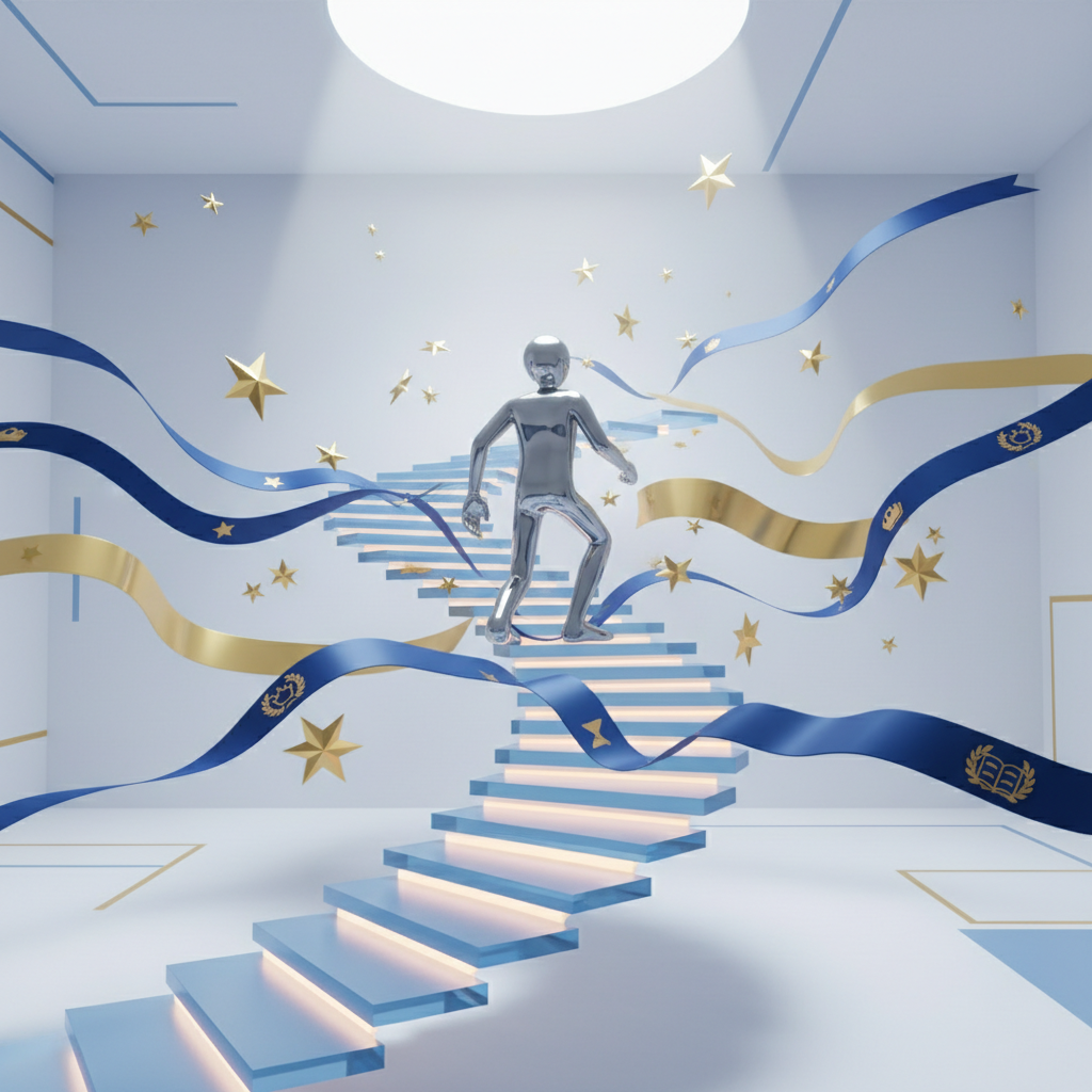 Professional ascending illuminated steps with achievement badges floating around them representing career progress