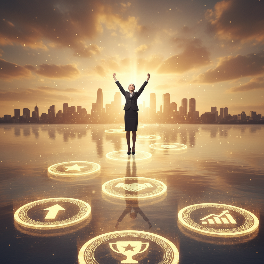 Professional climbing ascending steps made of glowing achievement badges toward a bright horizon