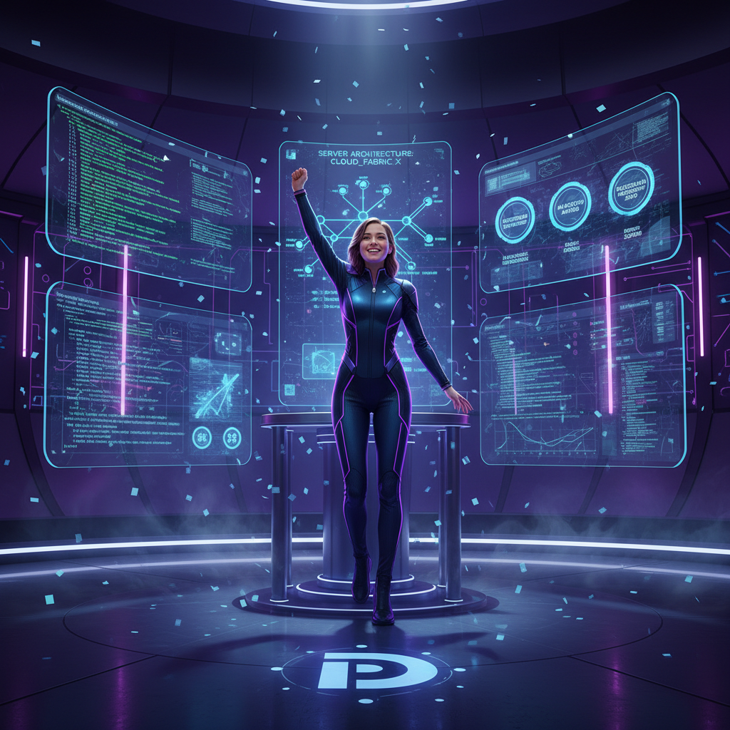 Developer building a digital portfolio showing code, infrastructure diagrams, and cloud architecture