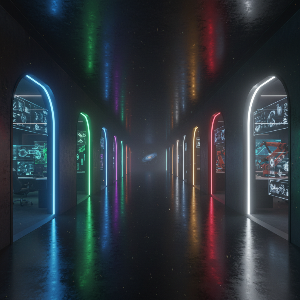 Multiple glowing doorways in a dark corridor, each leading to a different futuristic workspace, representing hidden career opportunities