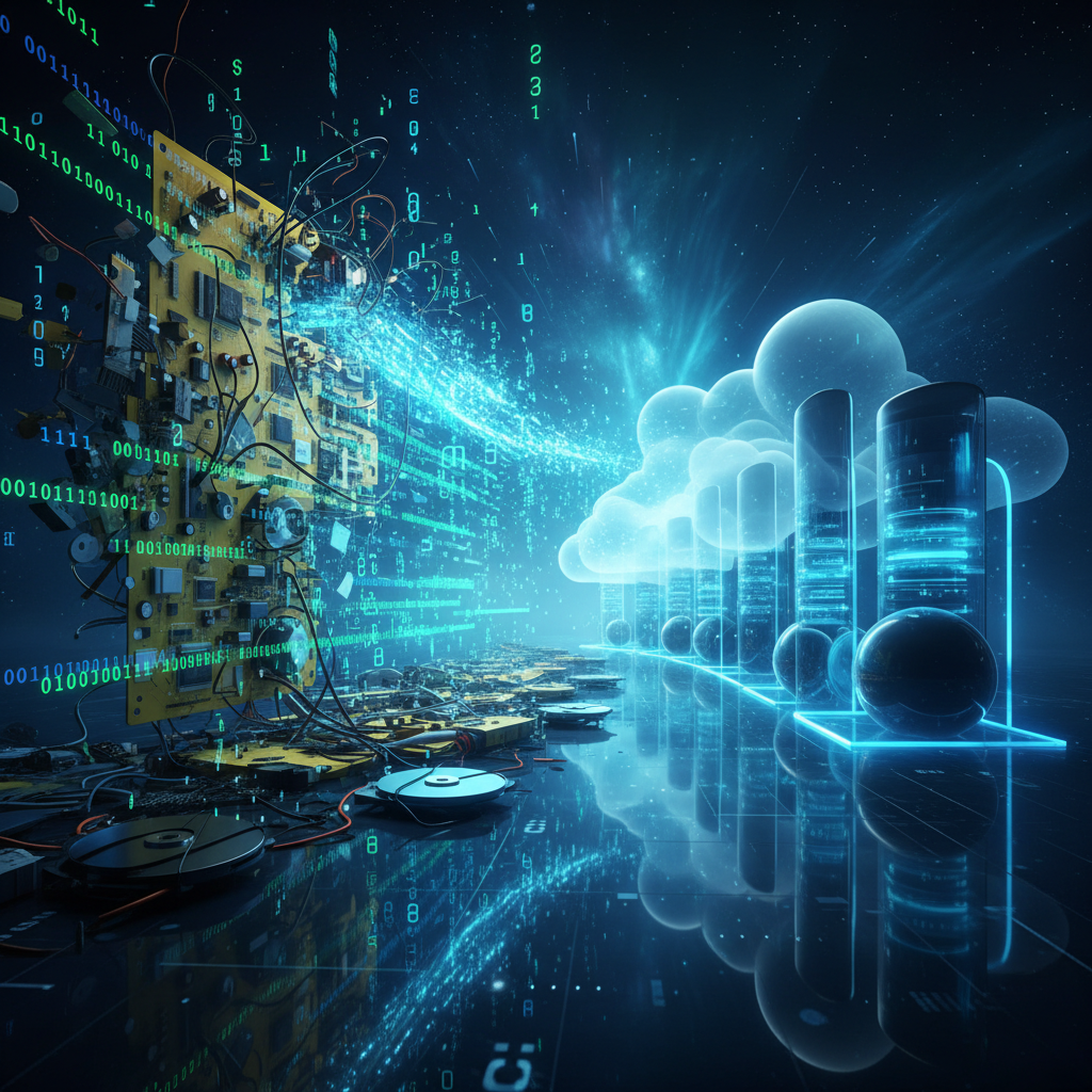 Futuristic technology evolution visualization showing traditional IT infrastructure transforming into modern cloud and AI systems