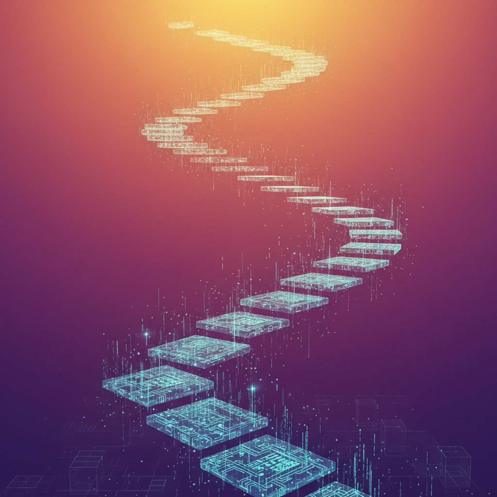 Futuristic technology pathway with glowing data streams leading toward a bright horizon representing career growth