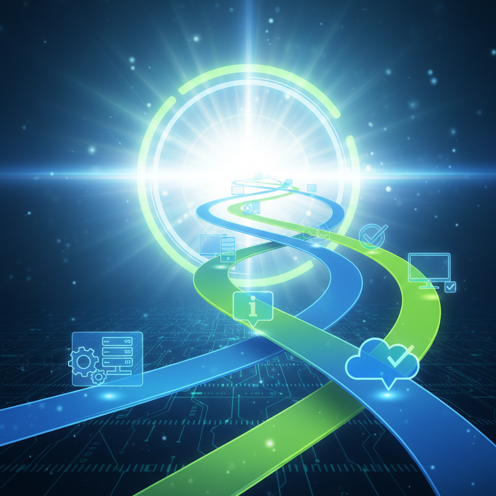 Professional ascending steps toward a glowing IT support certification badge with networking nodes in background