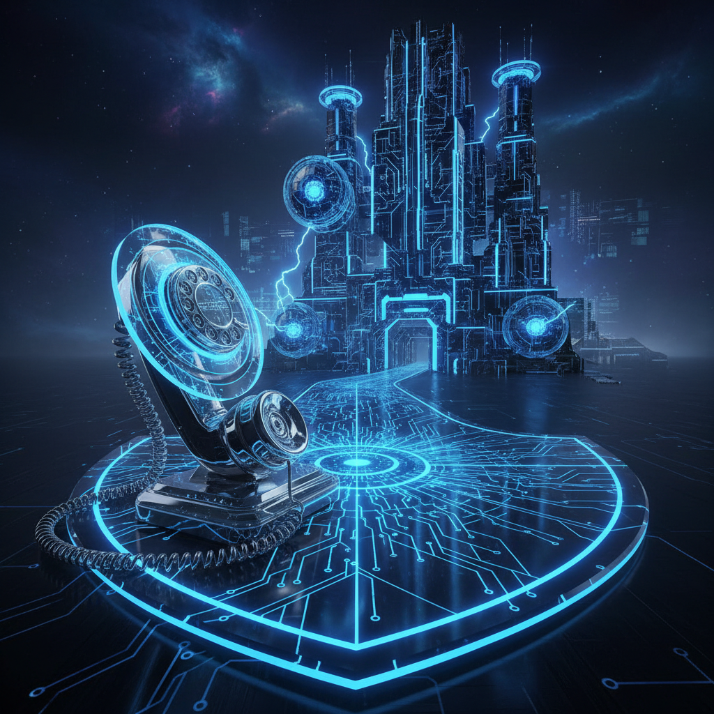 Shield-shaped pathway made of glowing circuit patterns leading from a help desk toward a fortified digital security operations center