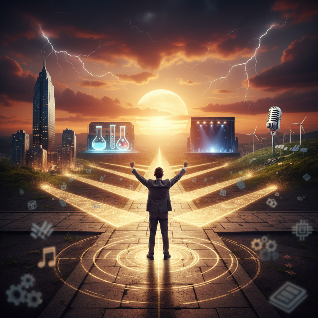 Person at a crossroads with illuminated pathways representing different career choices at golden hour