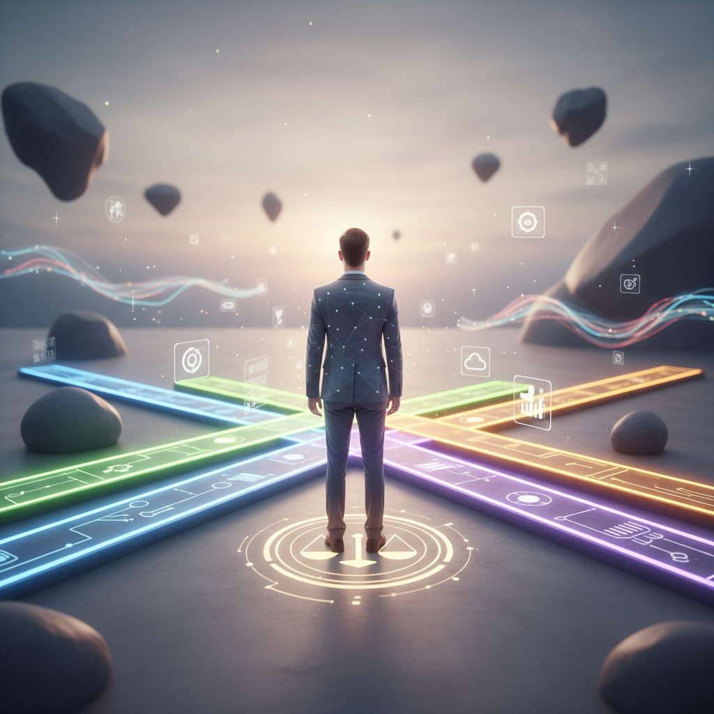 Professional standing confidently at a crossroads with multiple glowing technology paths, representing balanced skill development choices