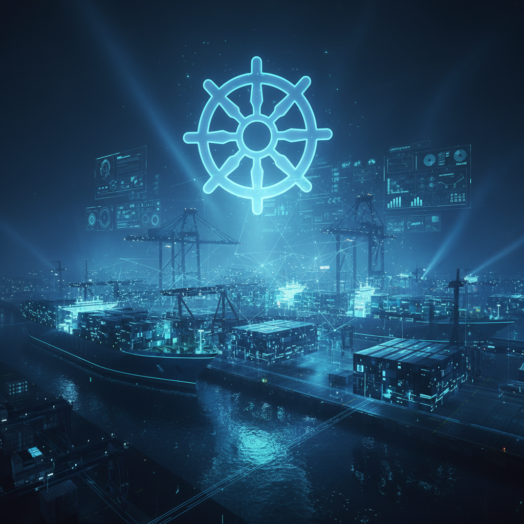 Container ship navigating through digital cloud infrastructure representing Kubernetes orchestration