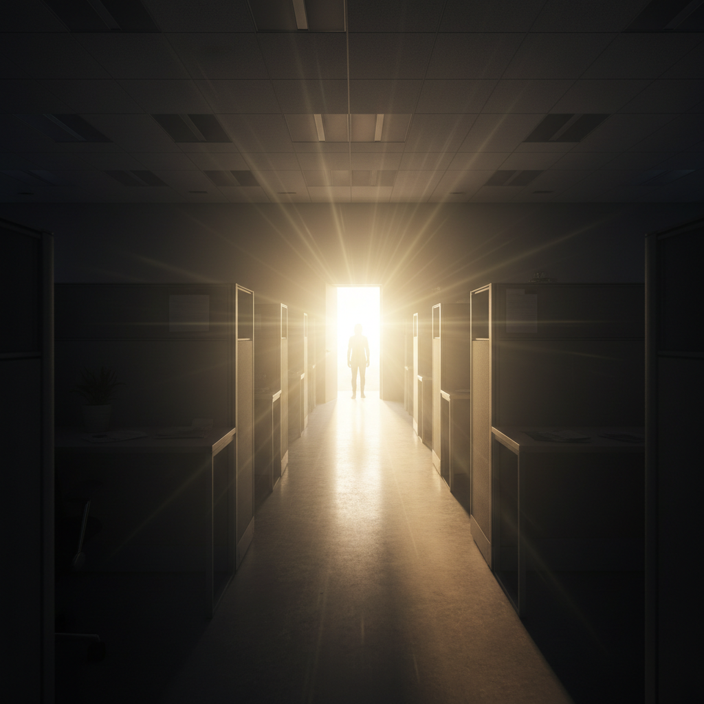 Open door glowing with bright light at end of dark cubicle office representing career opportunity and new beginnings