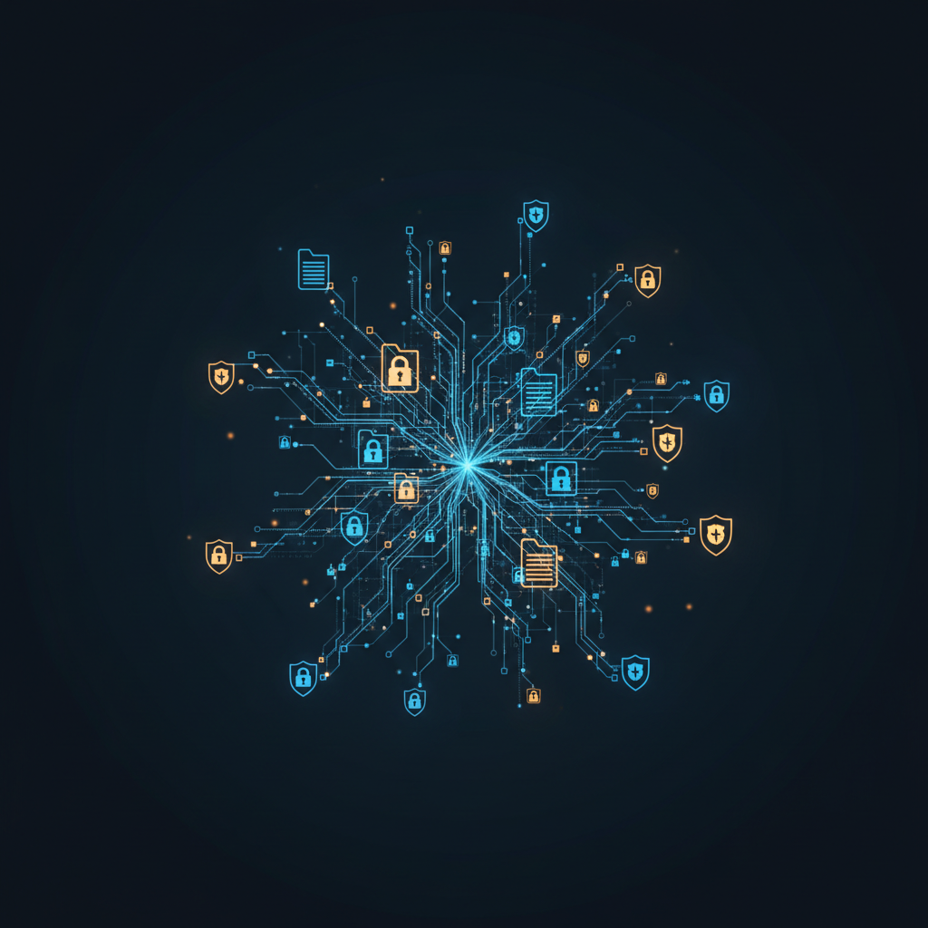 Cascading file icons with glowing lock symbols representing different permission levels in a Linux system