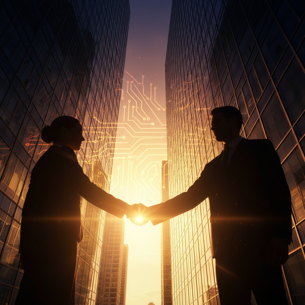 Silhouettes of professionals shaking hands with corporate glass building reflections, golden light streaming through, career partnership concept
