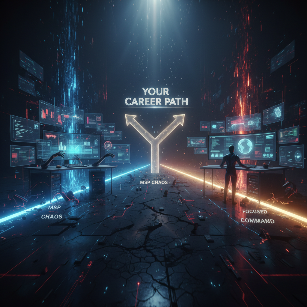 Split screen showing MSP technician managing multiple client systems versus corporate IT professional in enterprise data center