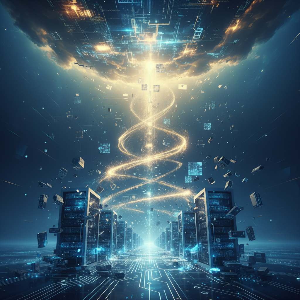 Network nodes transforming into cloud architecture with ascending golden pathway