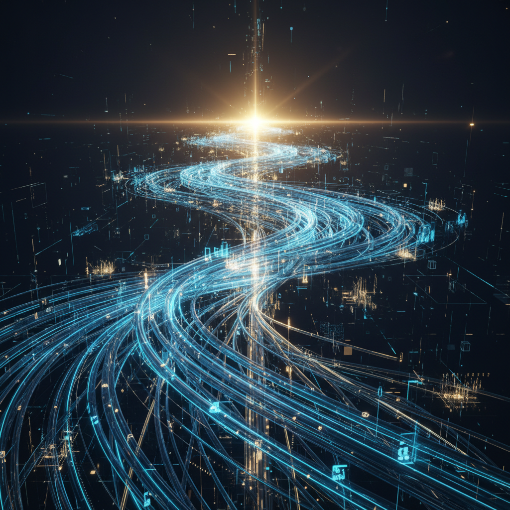 Glowing network pathways converging toward a bright horizon representing network engineering career opportunities