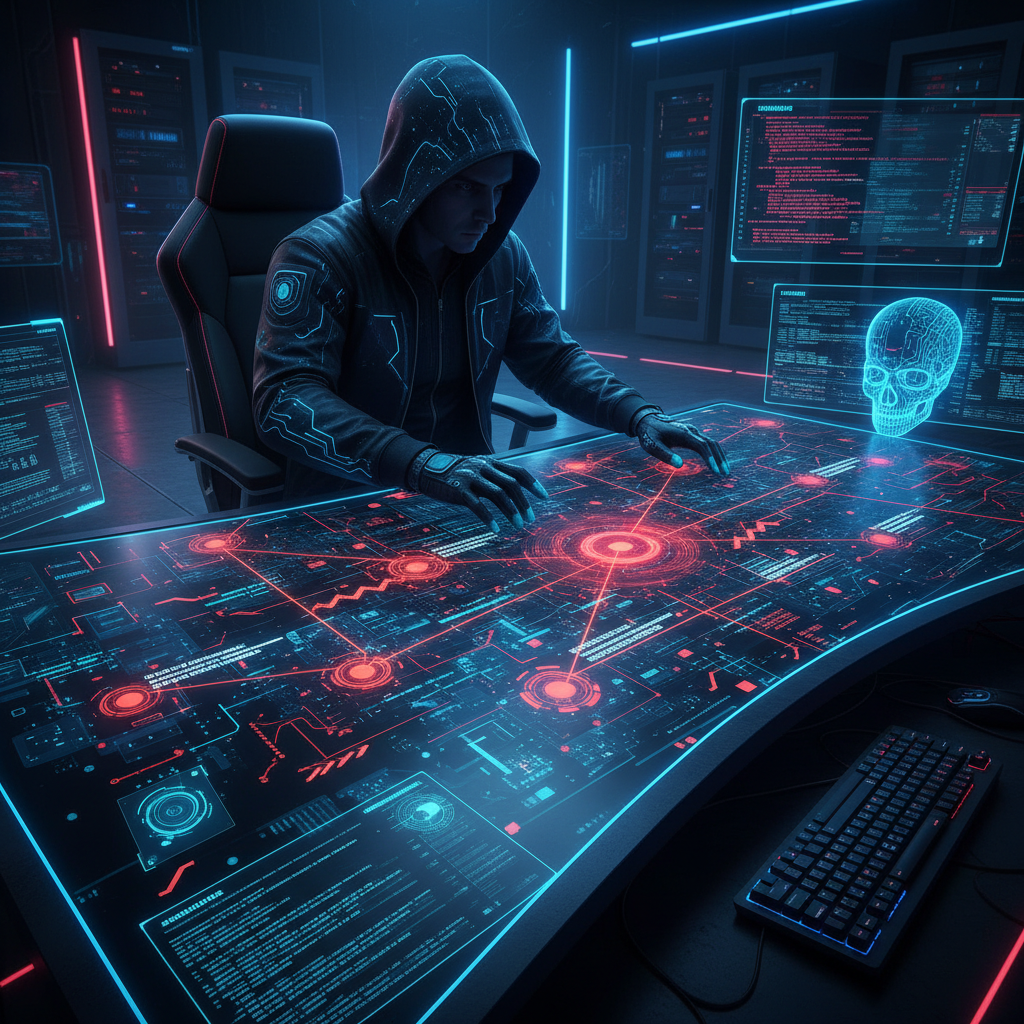Digital security fortress with glowing breach points and hacker silhouette analyzing vulnerabilities