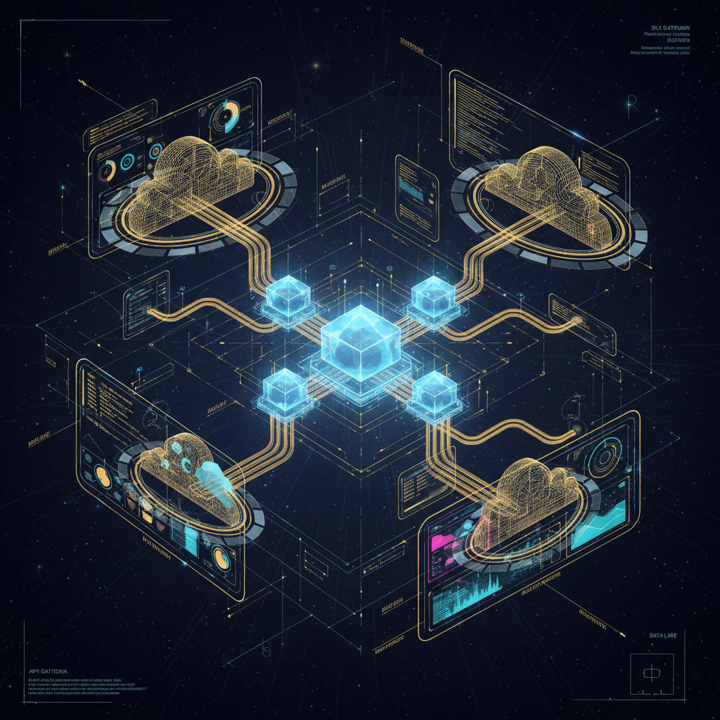 Abstract internal developer platform architecture with interconnected self-service components and glowing pathways