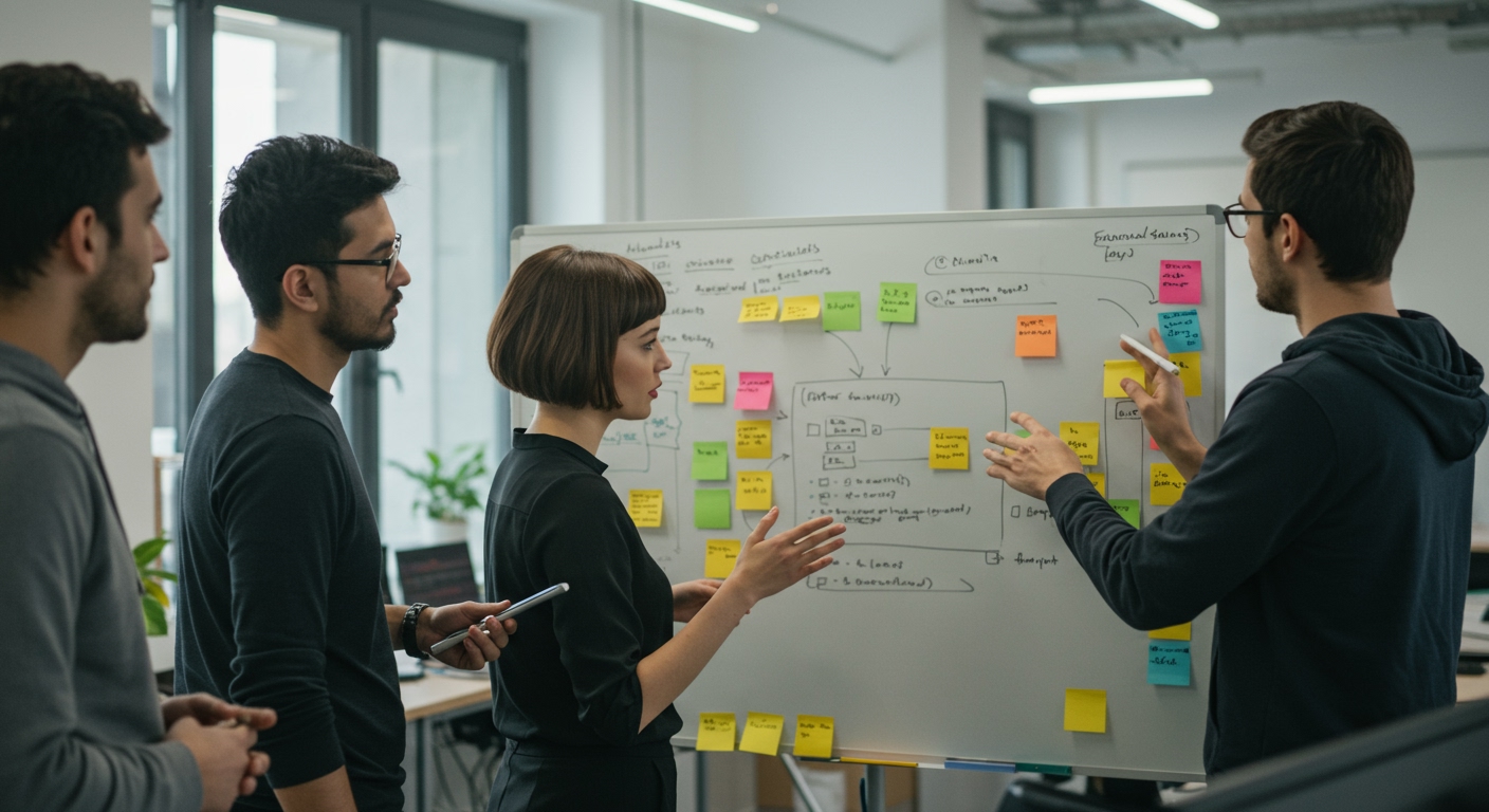 Team of developers collaborating on whiteboard with system diagrams and sticky notes during mock interview practice session