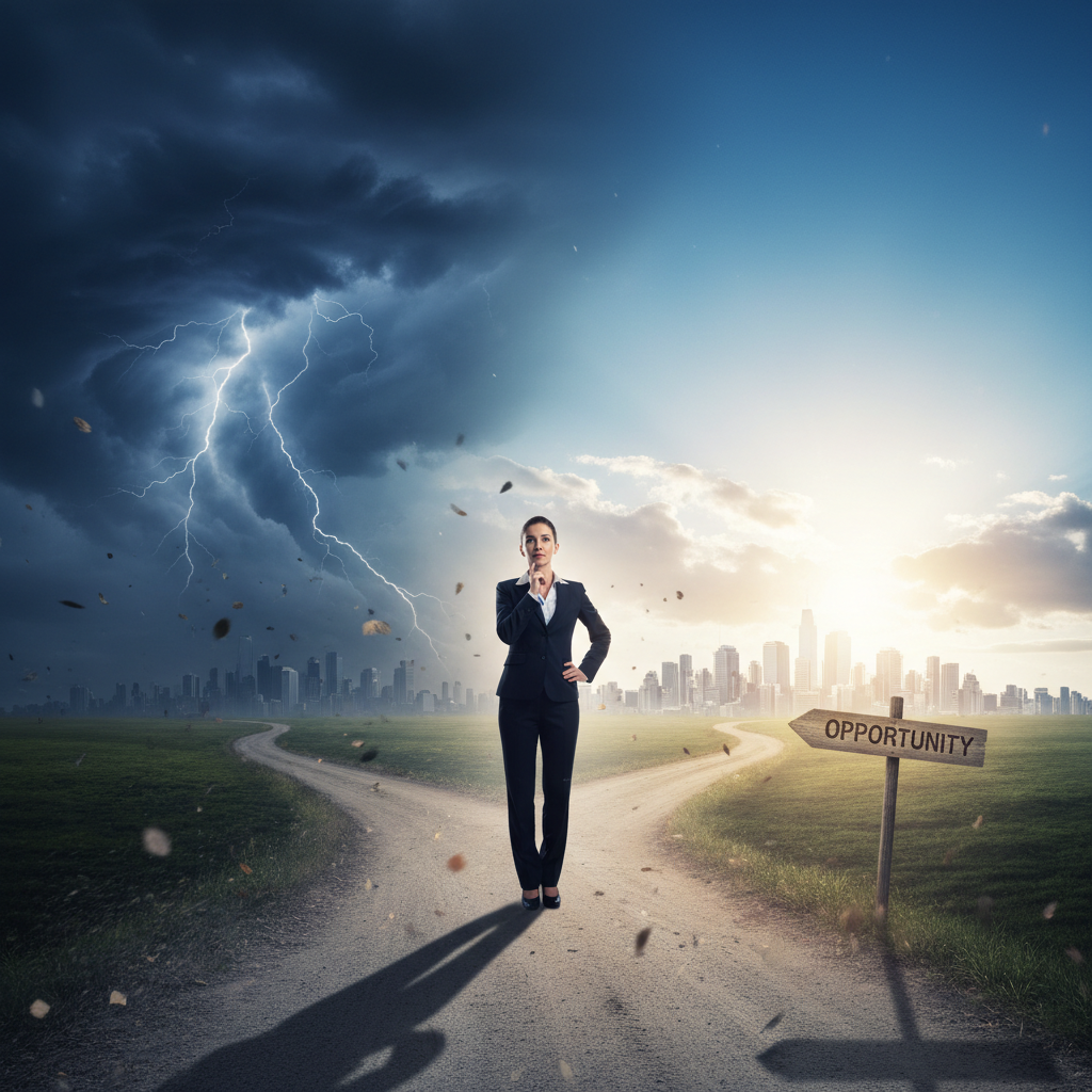 Professional standing at crossroads with one path leading through storm clouds and another toward clear skies, symbolizing career decision moment