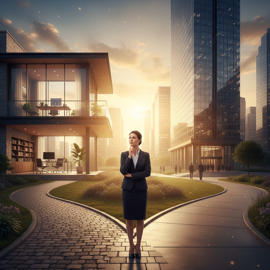 Professional standing at a crossroads between a home office door and a corporate office building, dramatic lighting emphasizing the decision