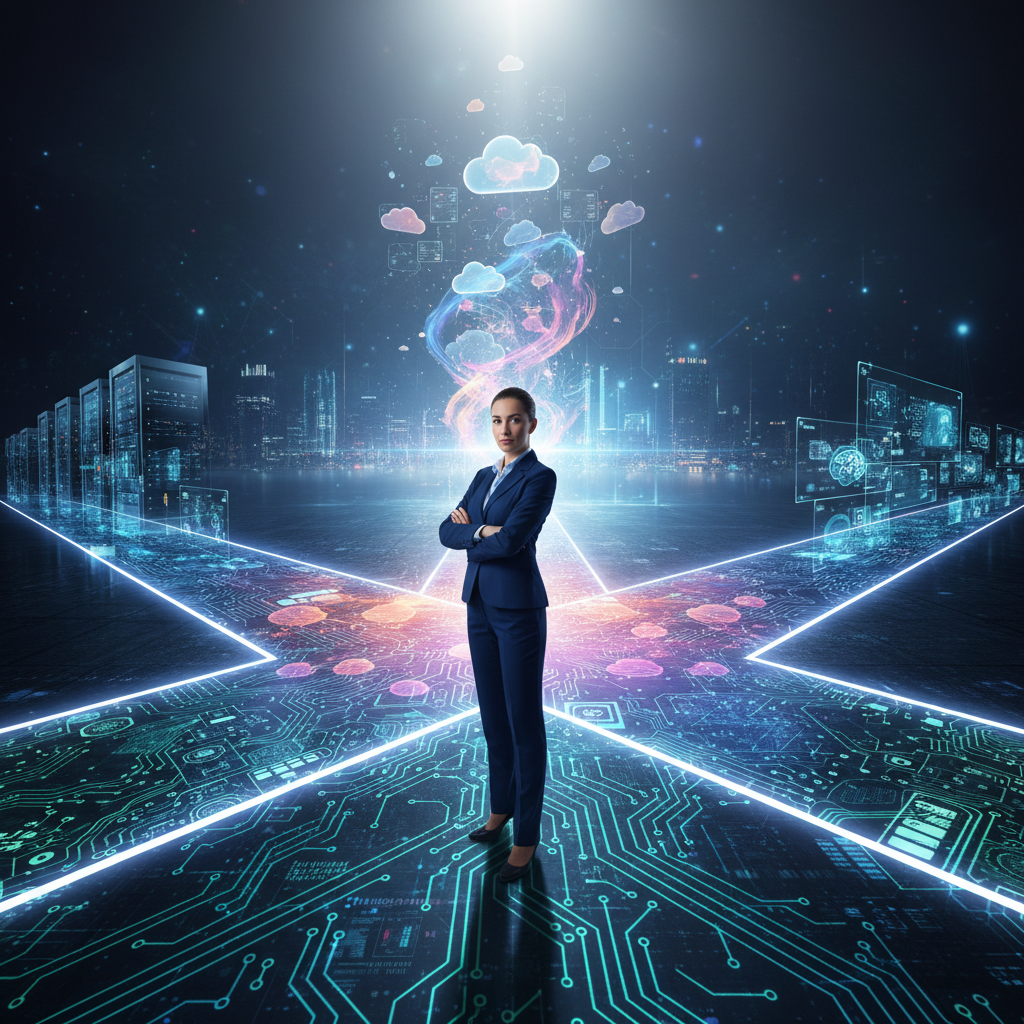 Professional standing at crossroads with illuminated technology pathways representing career restart and new opportunities