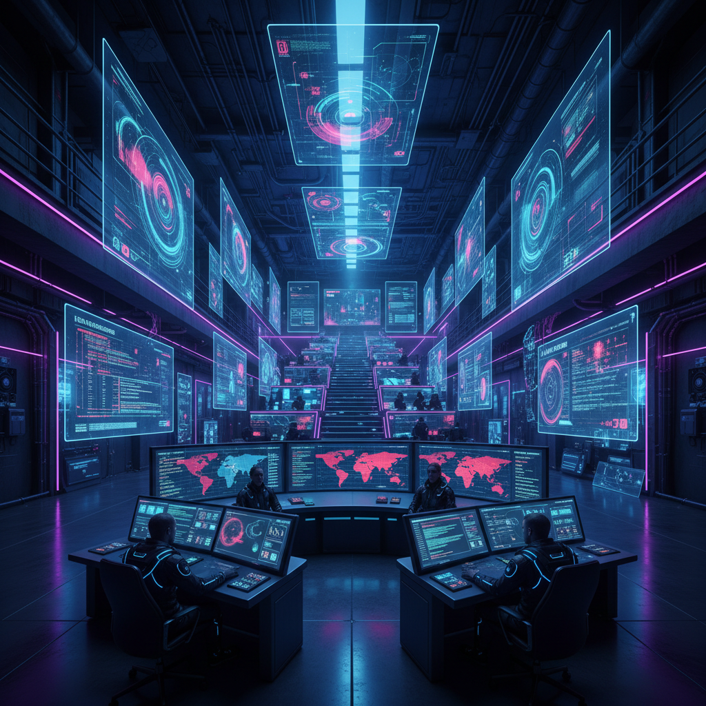 Multi-level digital security operations center with ascending tiers of holographic displays showing threat data and career progression paths