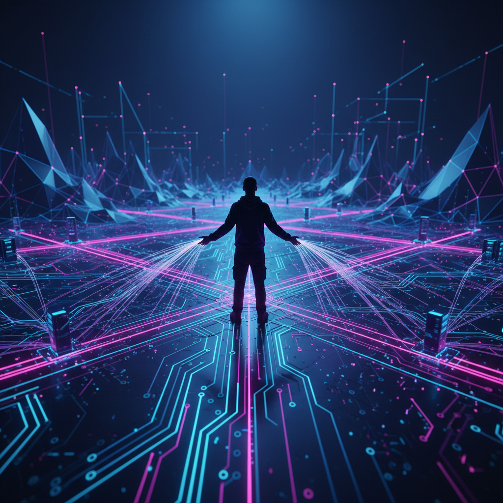 Lone IT professional standing at the center of a complex digital network, illuminated pathways radiating outward representing multiple responsibilities