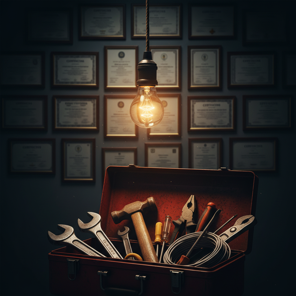 Single glowing light bulb illuminating a toolbox while a wall of framed certificates fades into darkness behind it