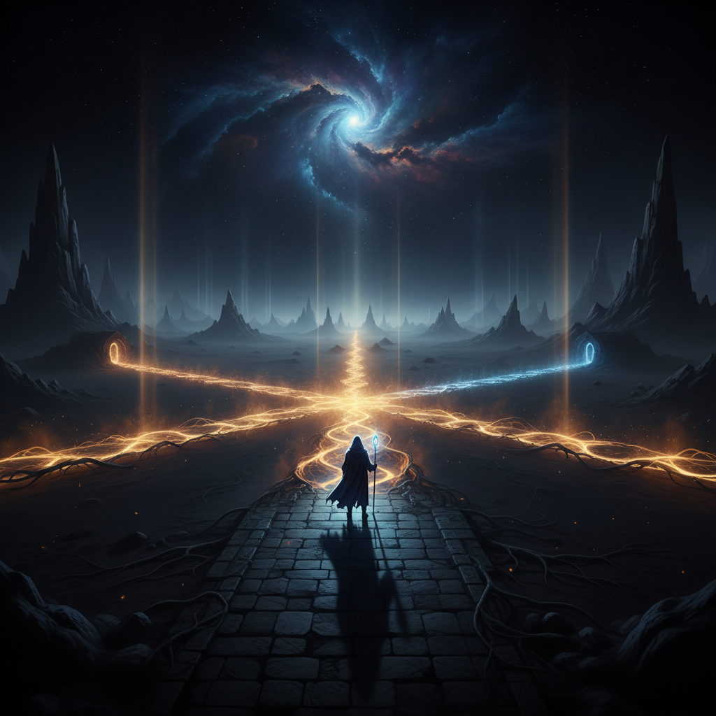 Single figure standing at crossroads with multiple glowing paths diverging into the distance, dramatic lighting