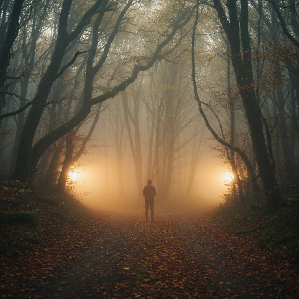 A fork in a path through a forest with warm light breaking through the trees ahead