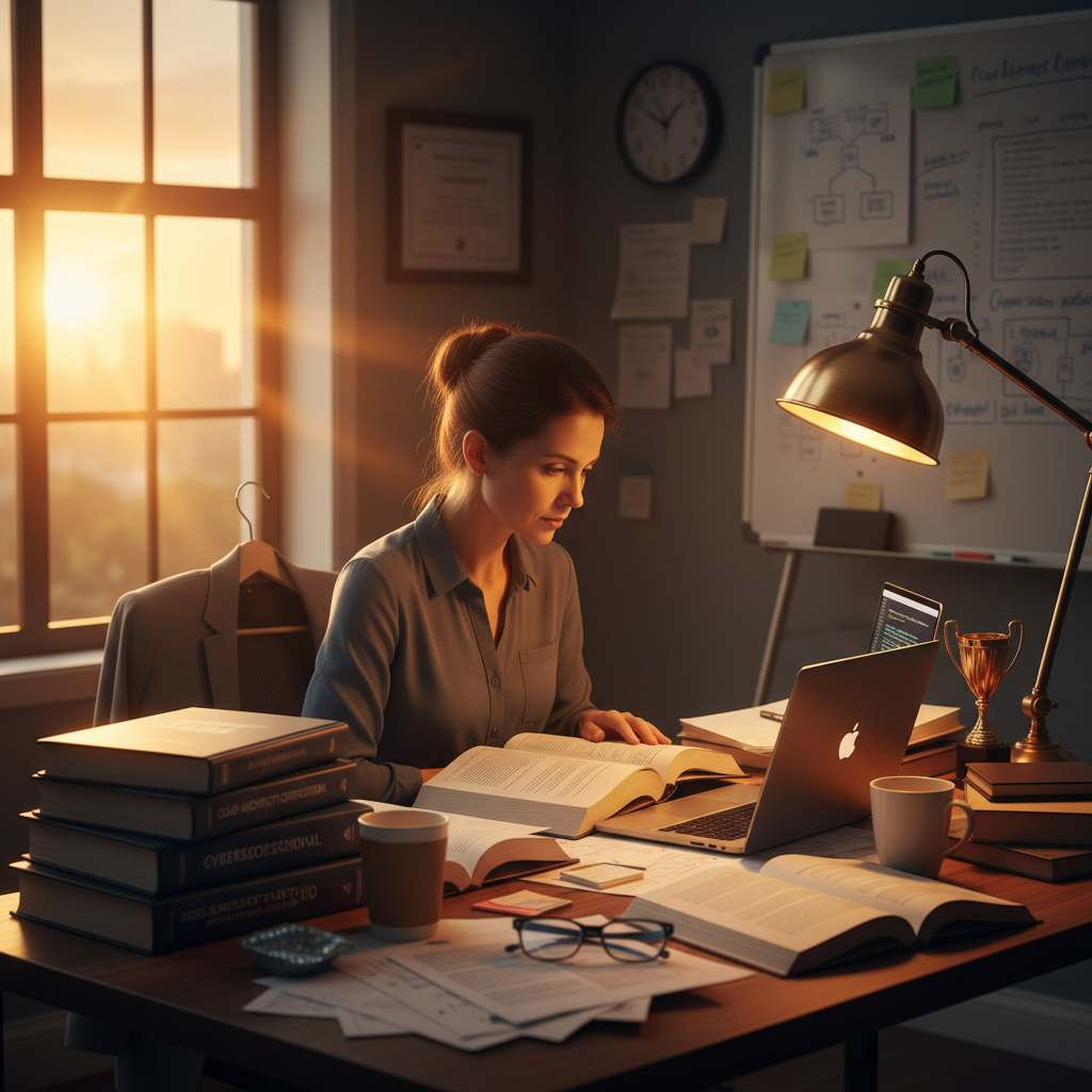 Split scene showing professional during day job transitioning to late-night study session with warm desk lamp