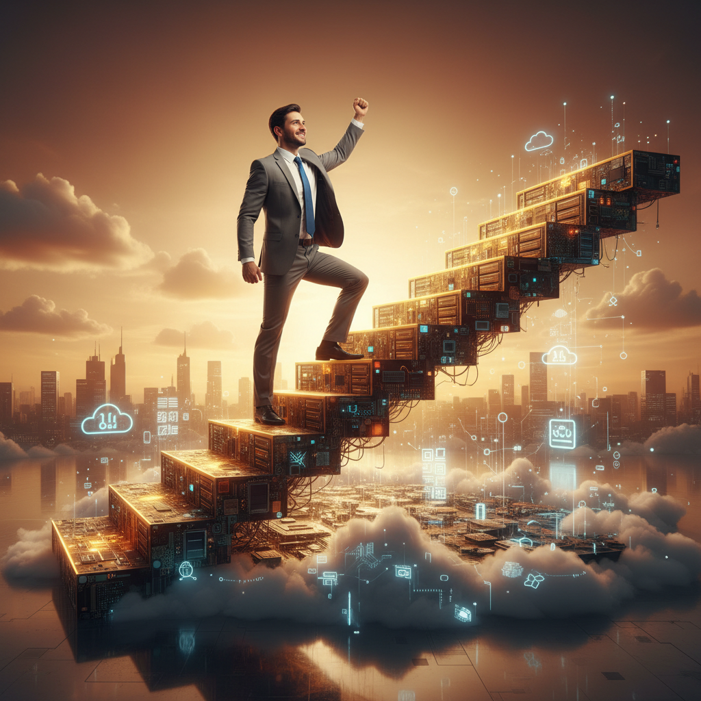 Career growth visualization showing ascending salary levels through cloud infrastructure and server environments