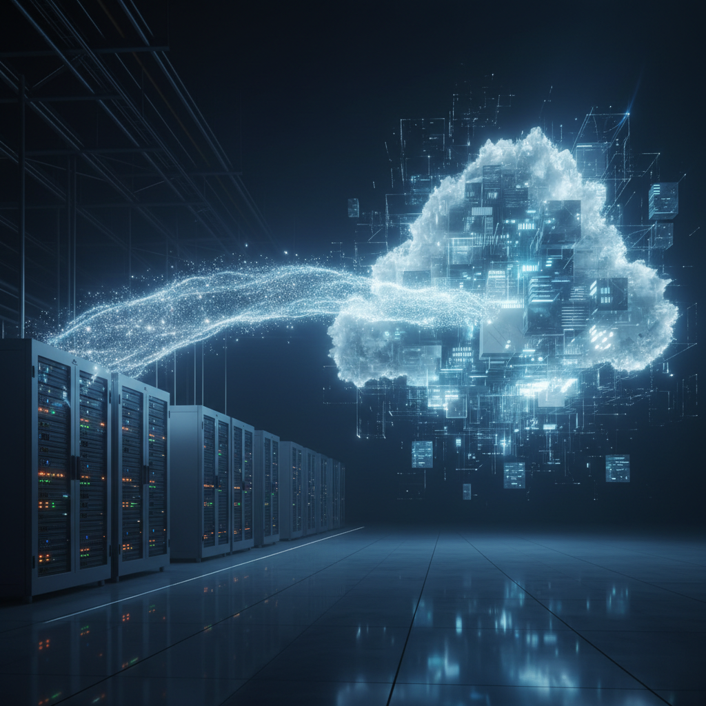 Professional walking across a bridge connecting traditional server infrastructure to modern cloud architecture