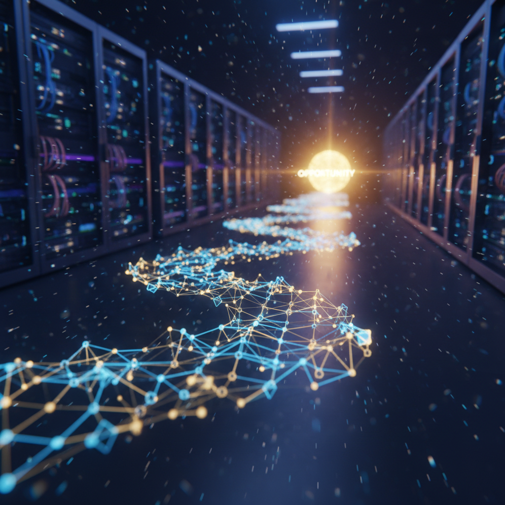 Interconnected server nodes forming a glowing network path leading toward opportunity