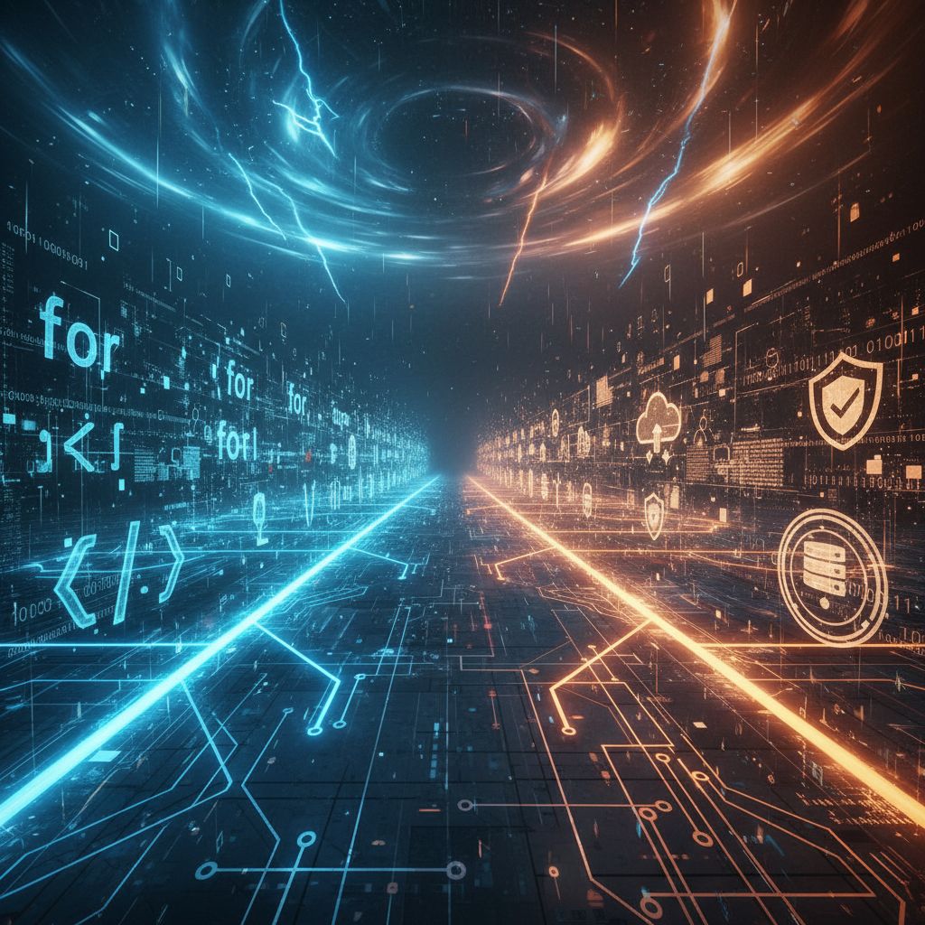 Futuristic crossroads showing diverging paths between coding and infrastructure, with glowing data streams and cloud architecture in the background