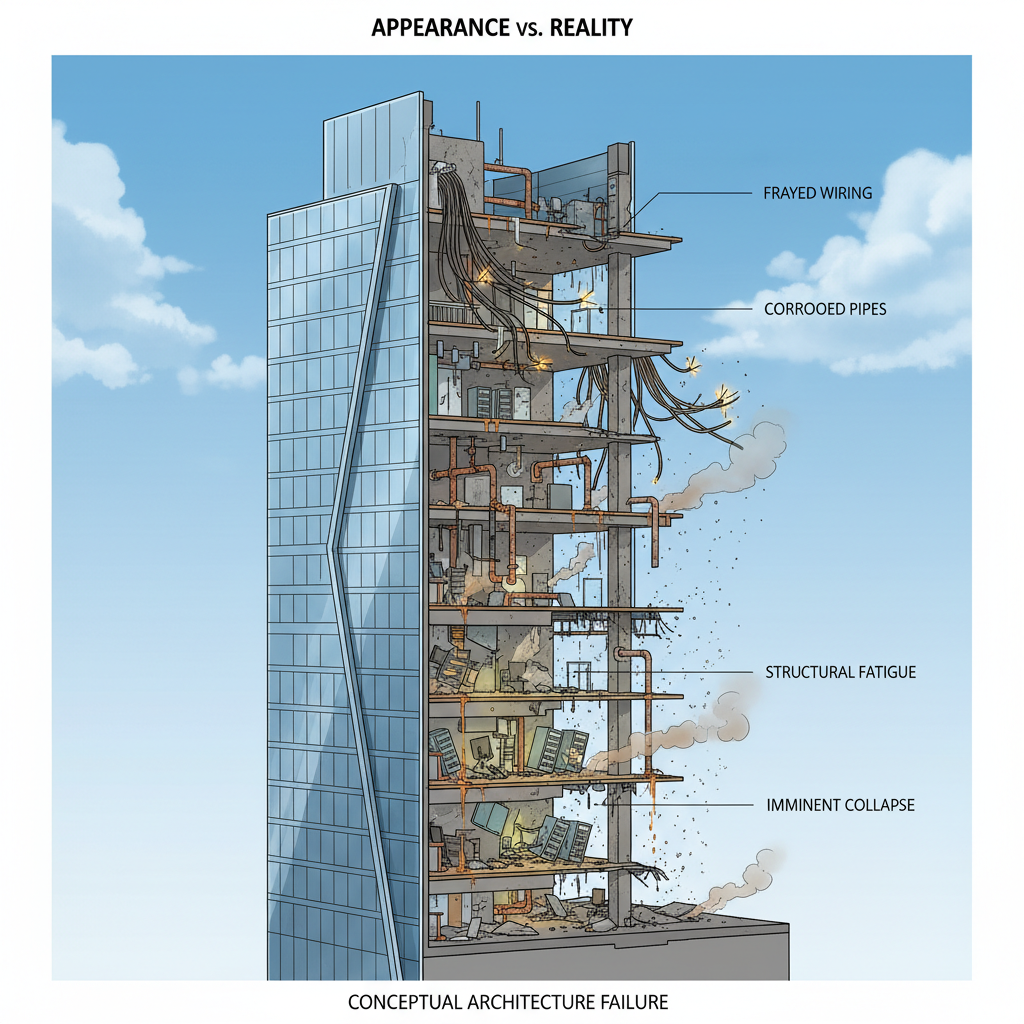 Crumbling infrastructure beneath a shiny corporate building representing hidden technical debt