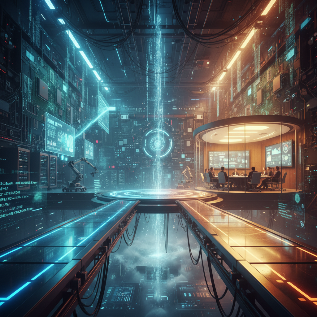 Fork in a road through a forest with two distinct paths, one leading to technical mountains and one to a city skyline