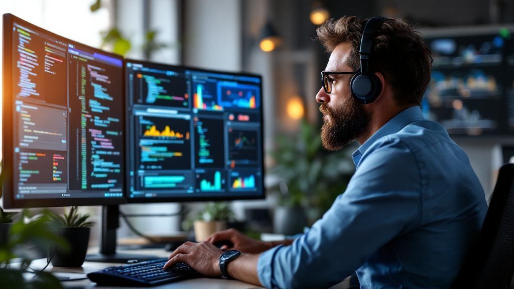 IT professional working on multiple monitors displaying code, cloud dashboards, and data visualizations in a modern tech office