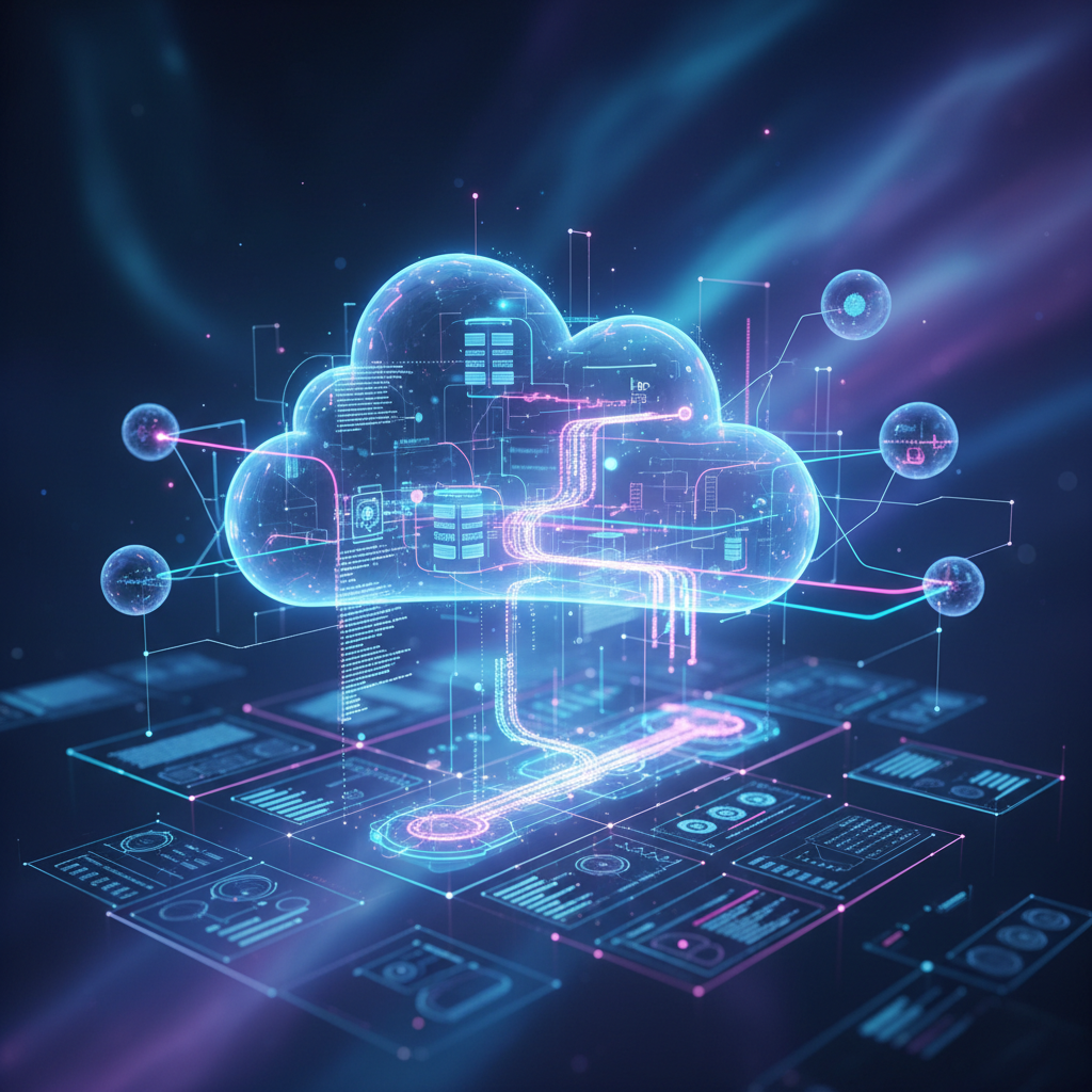 Abstract visualization of cloud infrastructure blueprints with glowing interconnected nodes and code flowing through ethereal digital space