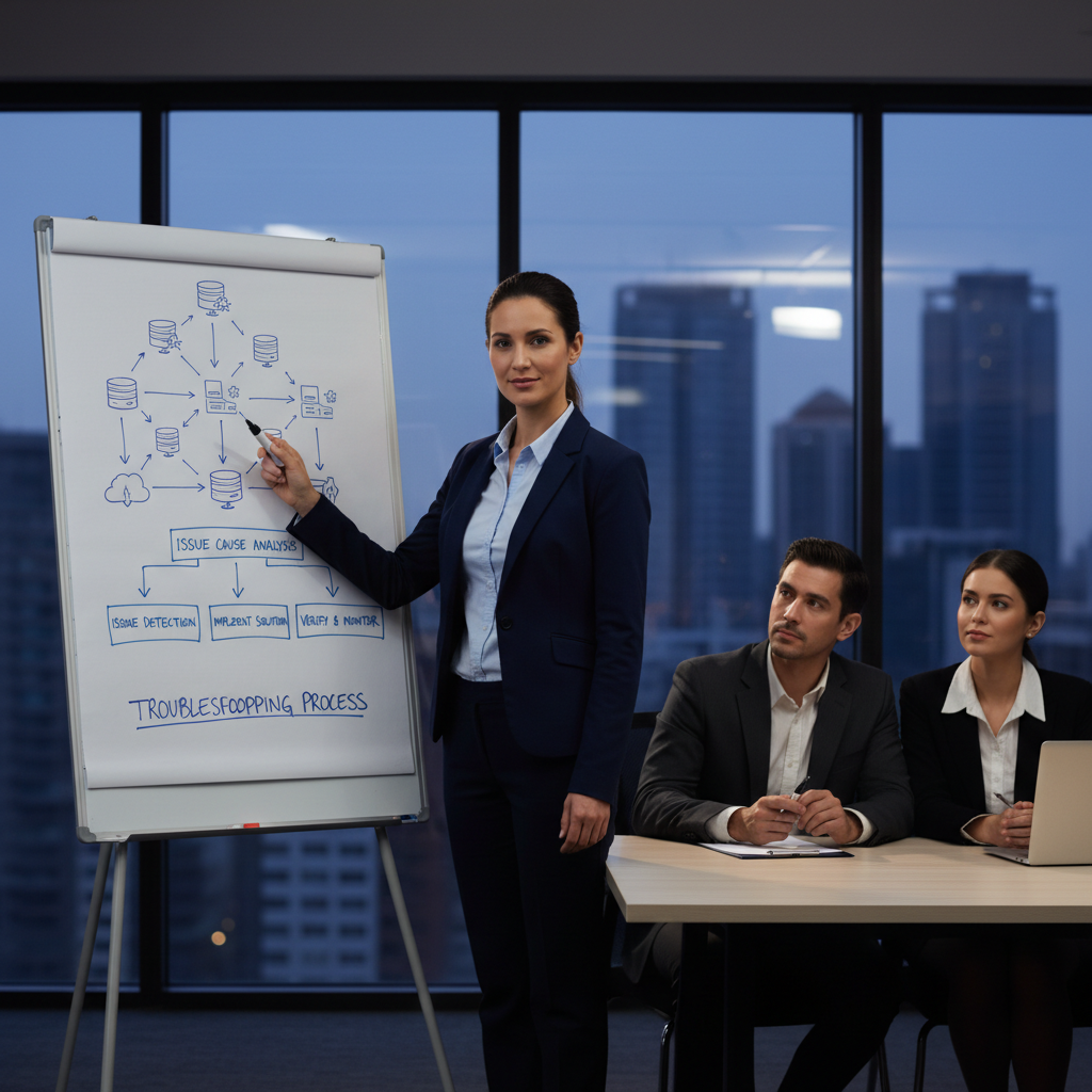 IT professional confidently explaining troubleshooting process during technical interview with whiteboard diagrams